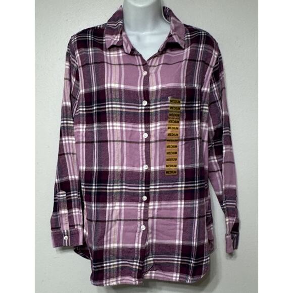 Gap shirt women’s flannel medium purple plaid long sleeve button down NEW - Picture 1 of 9